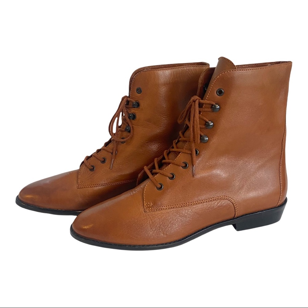 Nine West Lace Up Victorian Style Lace Up Paddock Boot Cognac Leather Ankle Boot